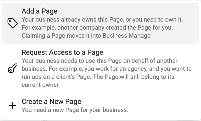 Facebook Add Page Menu